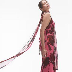 Topshop chiffon cowl slip midi dress in pink oversized floral print with scarf